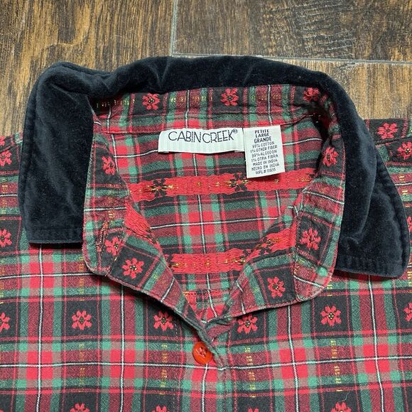 Vintage Cabin Creek Red Plaid ButtonUp Poinsettia Christmas Shirt Women L Petite - Picture 3 of 9